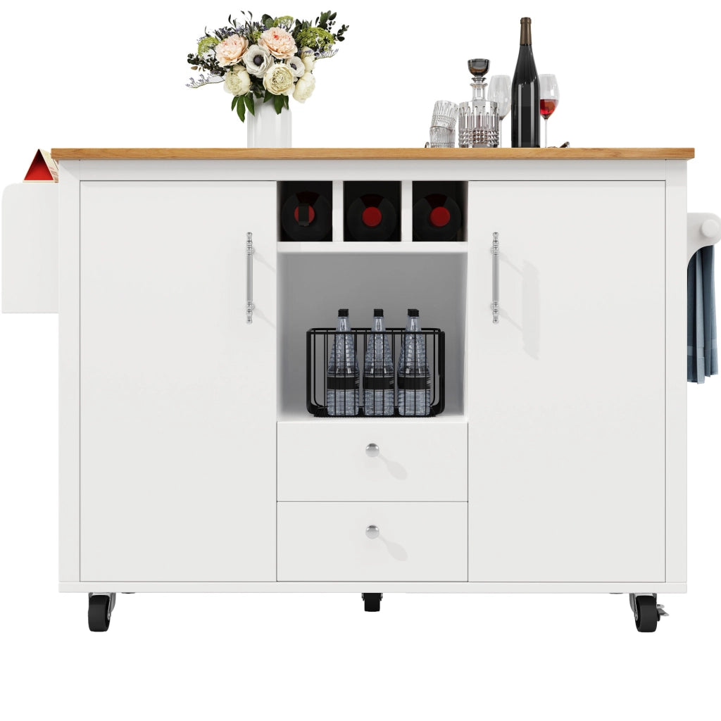 Isola da cucina 137.9x73x92 cm con piano pieghevole; ruote; MDF e metallo bianco