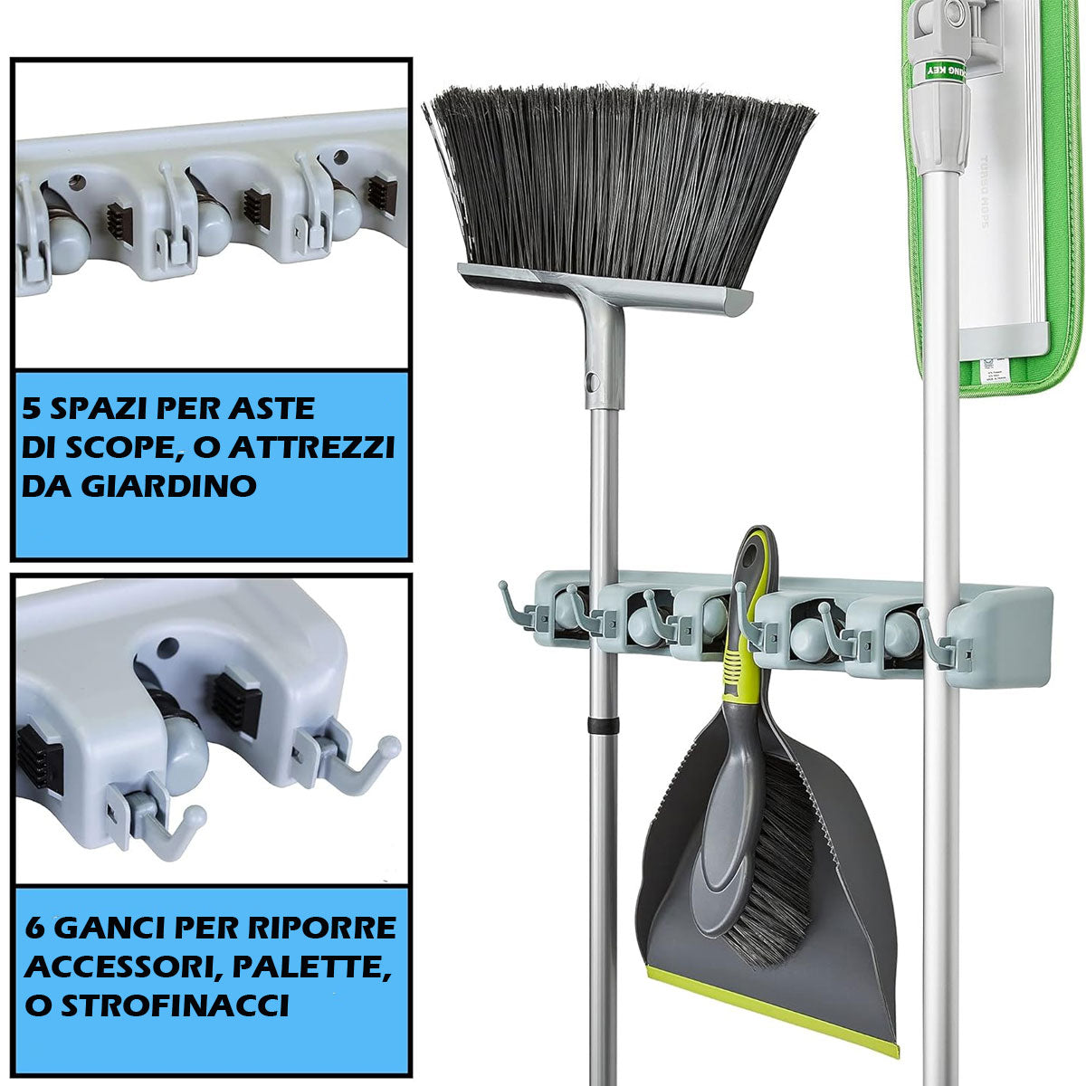 Portascope da Muro 5 Posti 6 Ganci Rastrelliera Porta Scopa Utensili Salvaspazio