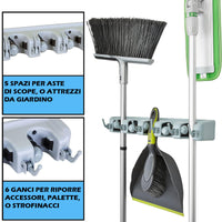 Portascope da Muro 5 Posti 6 Ganci Rastrelliera Porta Scopa Utensili Salvaspazio