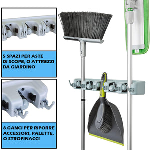 Portascope da Muro 5 Posti 6 Ganci Rastrelliera Porta Scopa Utensili Salvaspazio