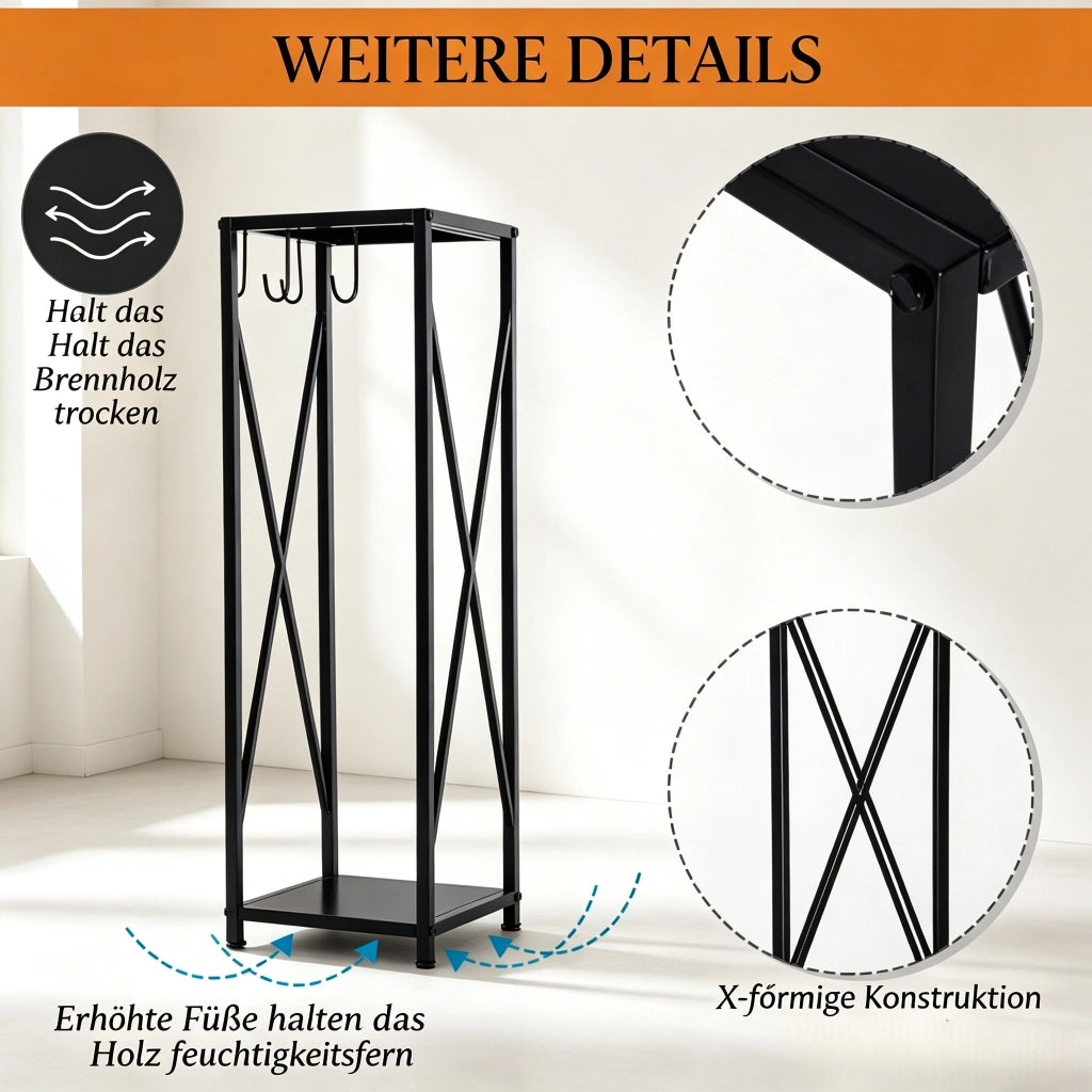 PORTA LEGNA DA CAMINO 34x34x111 cm Metallo Nero con 4 Accessori