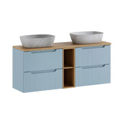 Set VANO blu denim e quercia chiara 140cm: mobili sotto lavabo con cassetti e nicchie visibili + lavabi grigi