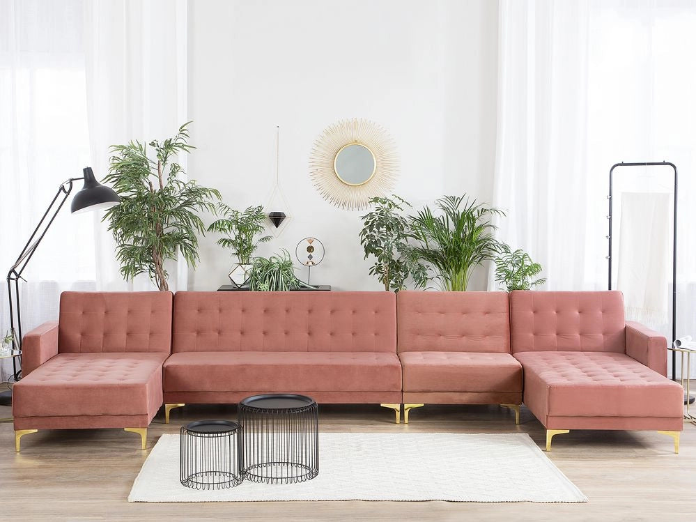 Divano letto ad angolo in tessuto trapuntato in velluto rosa moderno a forma di U componibile a 6 posti con chaise longue