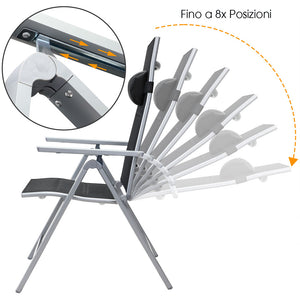 Set 2 Sedie da Giardino Alluminio Schienale Alto Extra imbottito Pieghevoli Nero