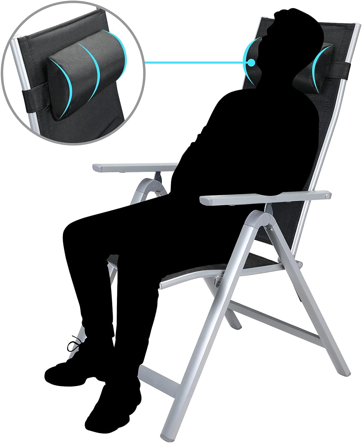 Set 2 Sedie da Giardino Alluminio Schienale Alto Extra imbottito Pieghevoli Nero