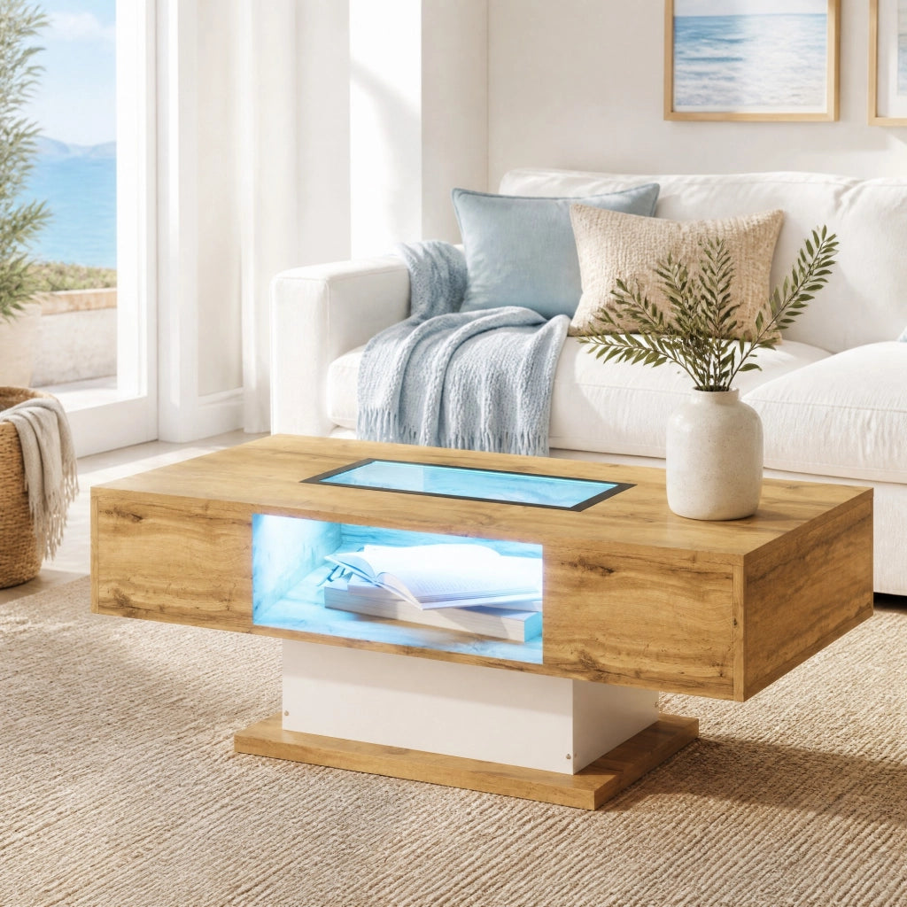 TAVOLO Basso con 2 Cassetti e LED, 110,2 x 60 x 39,7 cm, bianco e legno