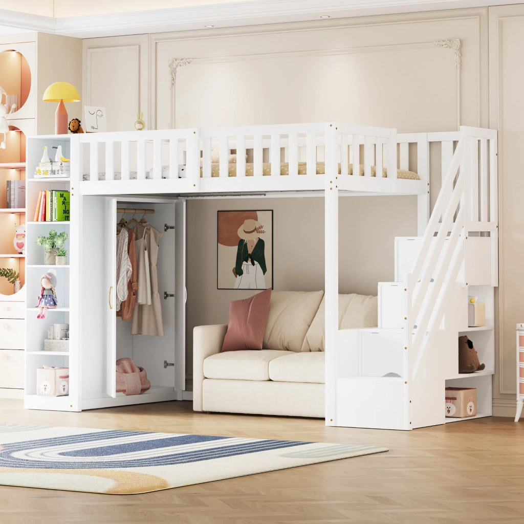 OKWISH Letto a soppalco 90×200 cm, Letto Singolo con Armadio, Mensole e Scala con Cassetti, senza Materasso, in Legno, Bianco