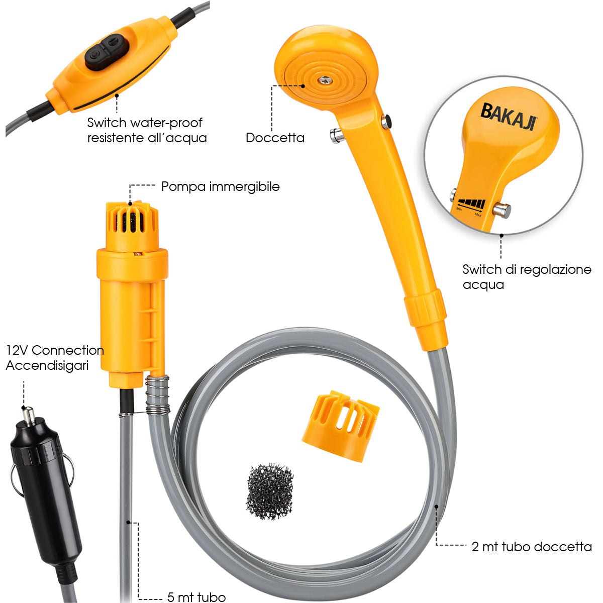Doccia da Campeggio 12V Cavo Alimentazione 5m Lavaggio Auto con pompa Immersione