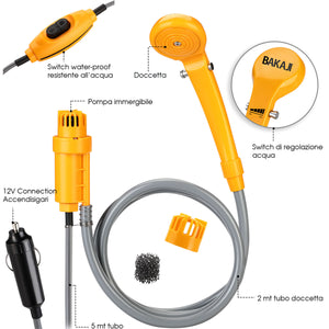 Doccia da Campeggio 12V Cavo Alimentazione 5m Lavaggio Auto con pompa Immersione