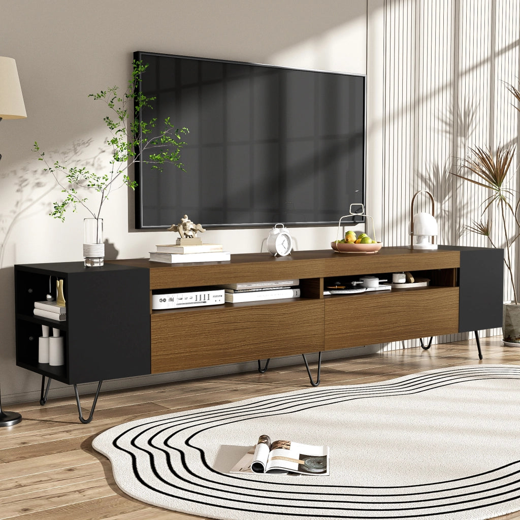 Mobile TV con 2 Ante e 4 Vani Aperti; Passacavi; Piedini in Ferro; Stile Moderno; in MDF e PB; Nero e Legno; 180??36??43 cm