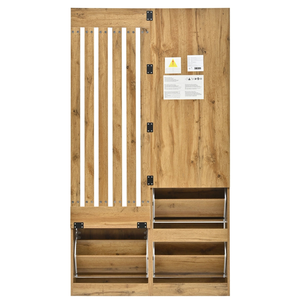 Mobile da ingresso con specchio, panca imbottita, ganci e vani ribaltabili, in MDF naturale, 99,5 × 26 × 180 cm