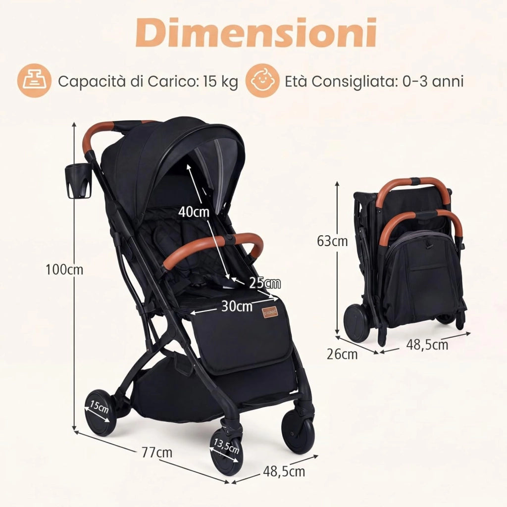 Passeggino Leggero per Neonati con Tettuccio, Schienale e Poggiapiedi Reclinabili, Passeggino Pieghevole con Portabicchieri, Cestello Portaoggetti, per Bambini 0-3 Anni (Nero)
