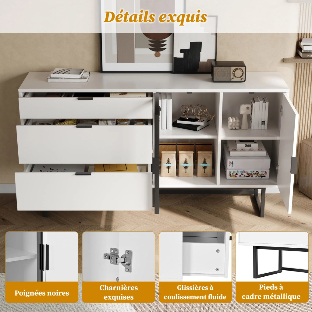 Credenza con 3 cassetti e vetrina LED - per soggiorno - 160x36x78 cm - bianco