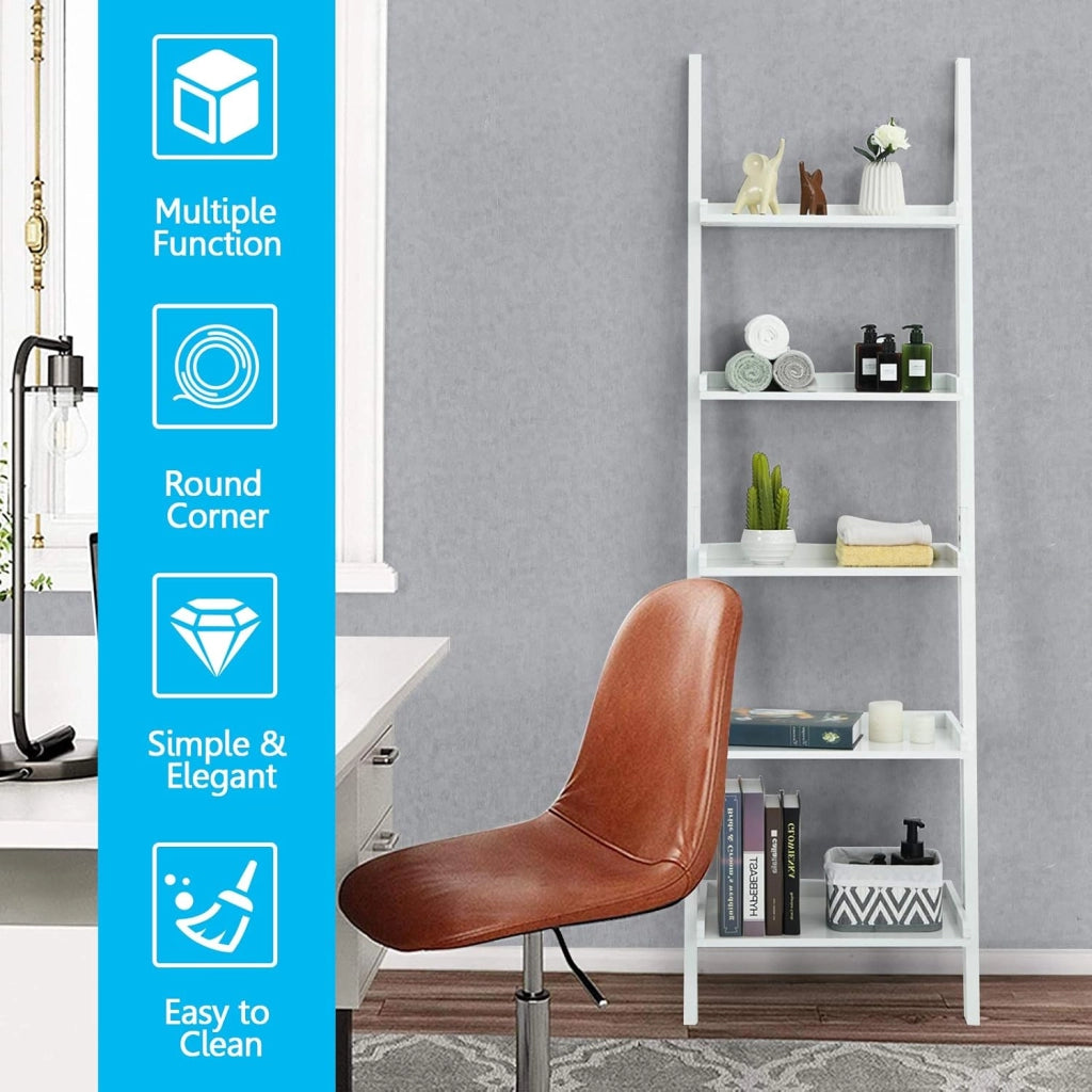 Scaffale Portaoggetti a Scala, a 5 Ripiani, Librerie Contro Parete, Portalibri Salvaspazio, per Soggiorno/Ufficio/Camera, Carico di 25kg, 57x33x191cm, Bianco