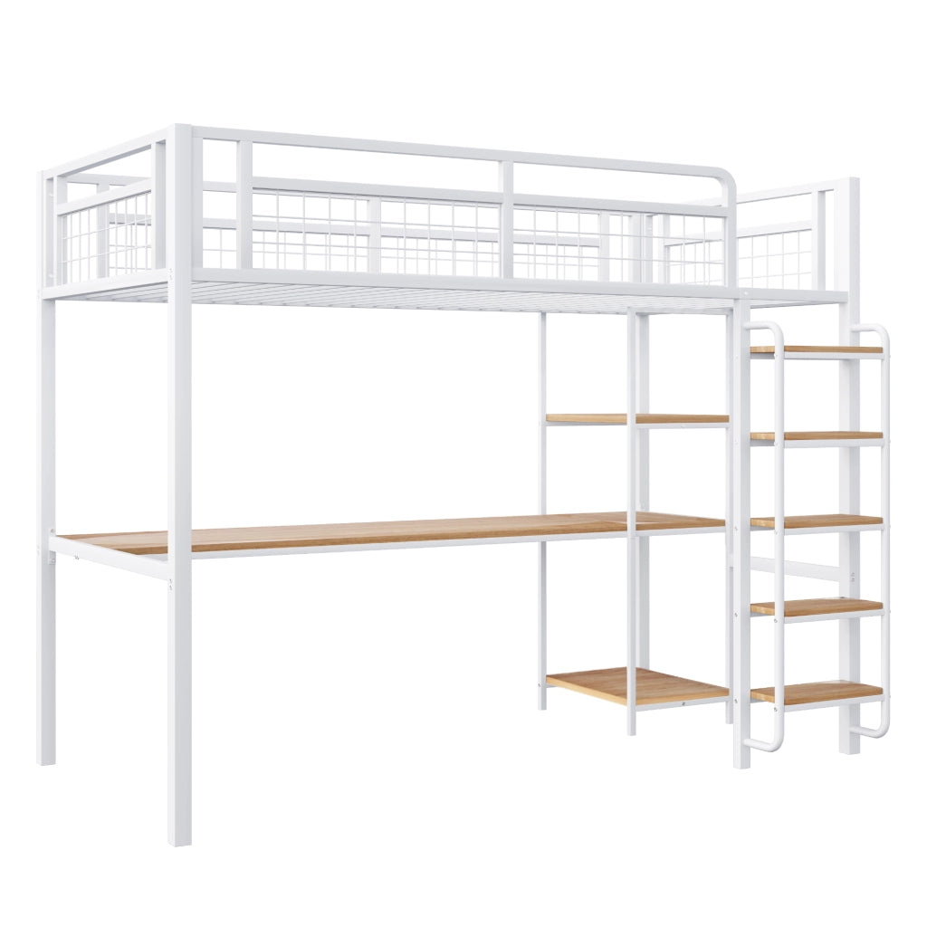 Letto a Soppalco Singolo con Scrivania; Scaffali e Scala Sicura; 90 × 200 cm; senza Materasso; Bianco