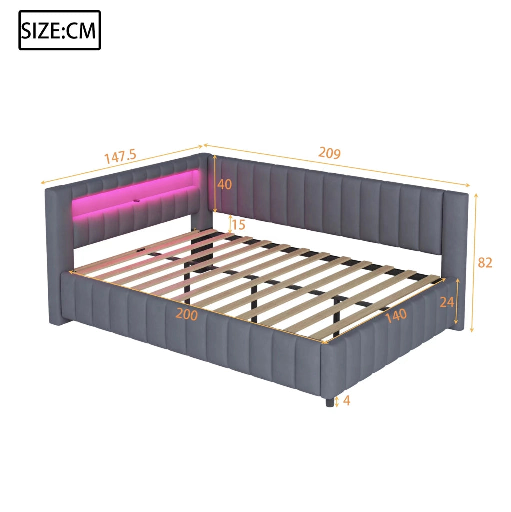 Divano letto 140x200 cm; design a L con LED e USB; velluto grigio (Senza materasso)