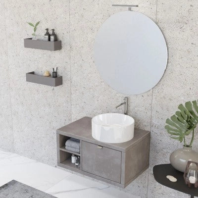 Mobile bagno sospeso 80 cm grigio cemento con cassetto e vano a giorno completo di lavabo e specchio Master