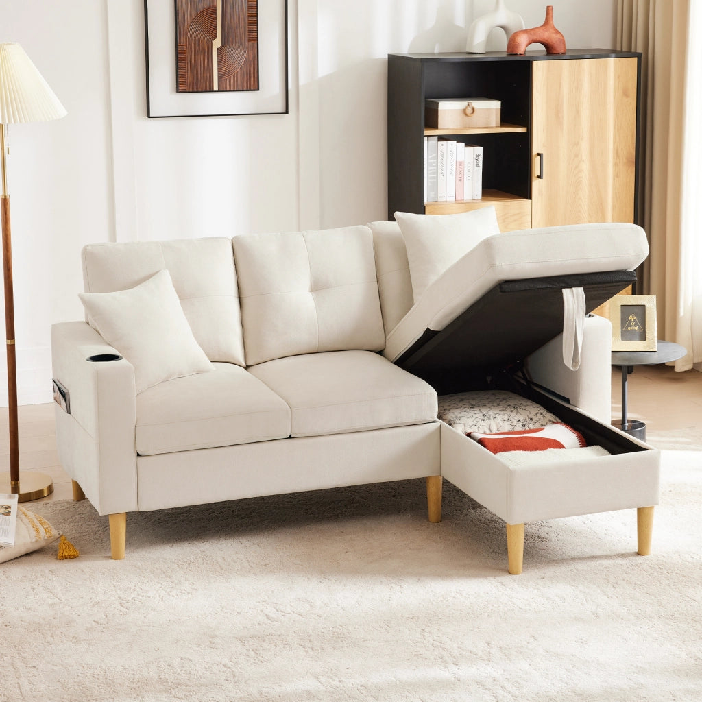 DIVANO ANGOLARE L175 x P129 x H90 cm Beige in cotone e lino con 2 cuscini