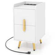 Comodino con stazione di ricarica 2 cassetti, Tavolini da letto divano con gambe in metallo 2 porte USB e 3 prese Bianco-Comodini