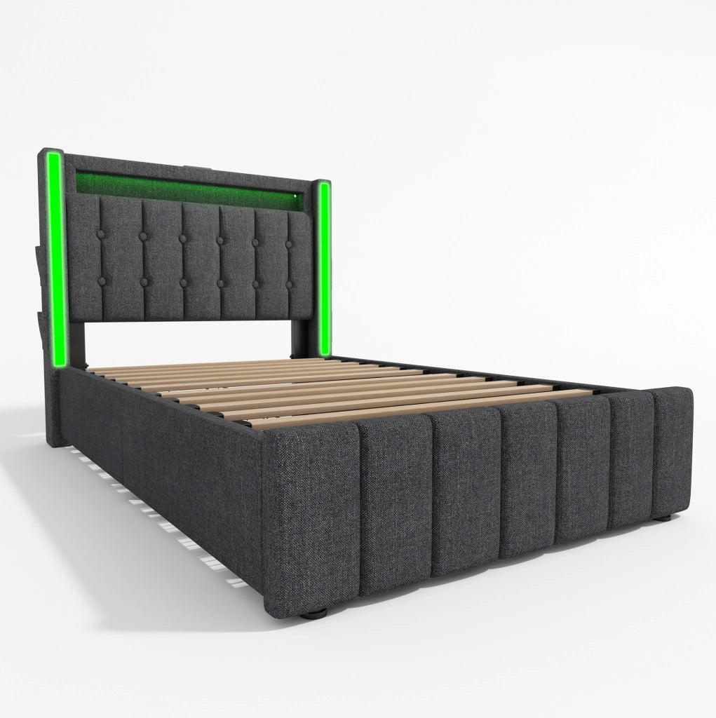 Letto singolo 90x200 cm con LED; porte USB e USB C; 2 cassetti; rivestimento in lino grigio