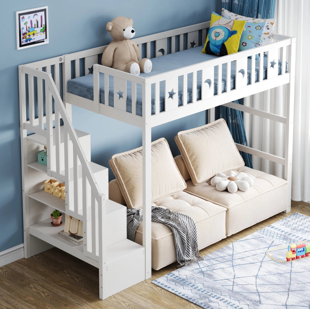 Letto a soppalco 90x200 cm bianco in legno con scala e ripiani