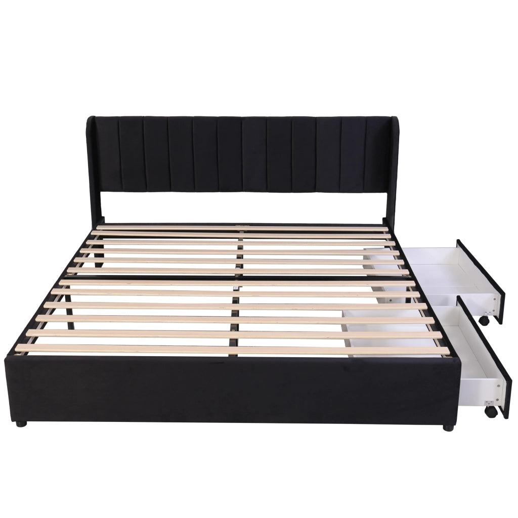 OKWISH Letto con Cassetti 180×200 cm, Letto Matrimoniale con 2 Cassetti e Testiera, senza Materasso, in Velluto, Nero