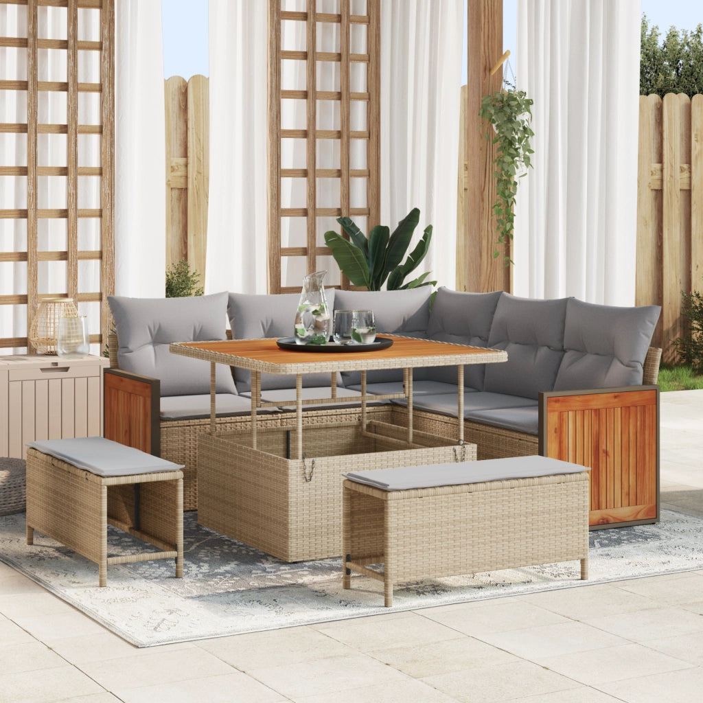 Set divano giardino  - 8 pezzi con cuscini beige in polyrattan acacia