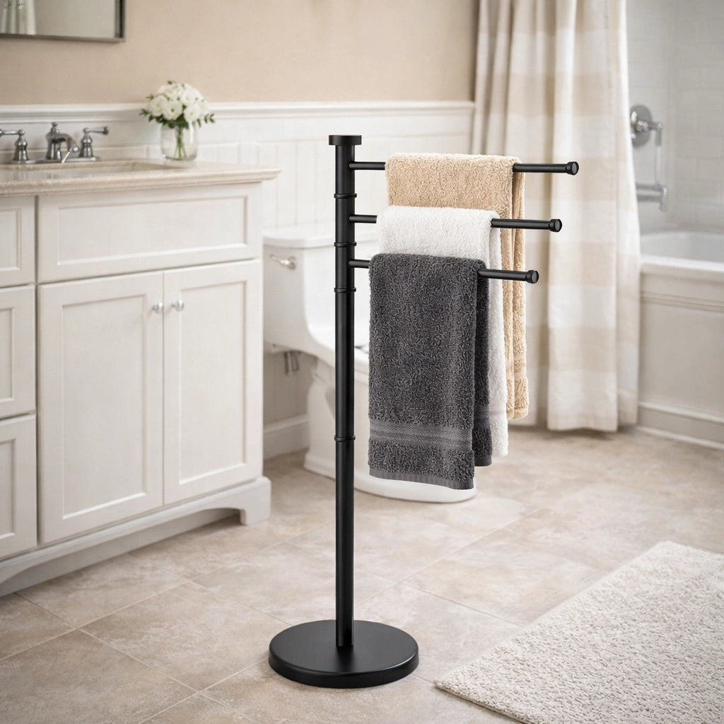 Piantana da Bagno Porta Asciugamani in Acciaio Inox Smaltato Nero 3 Braccia Girevoli