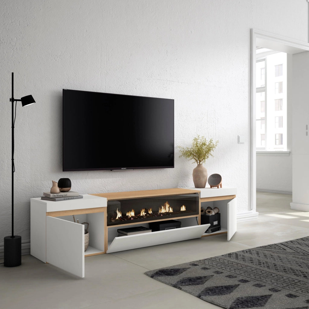 Mobile TV Soggiorno, 200x45x35cm, Per TV fino a 80", Camino elettrico, Bianco e Rovere soft