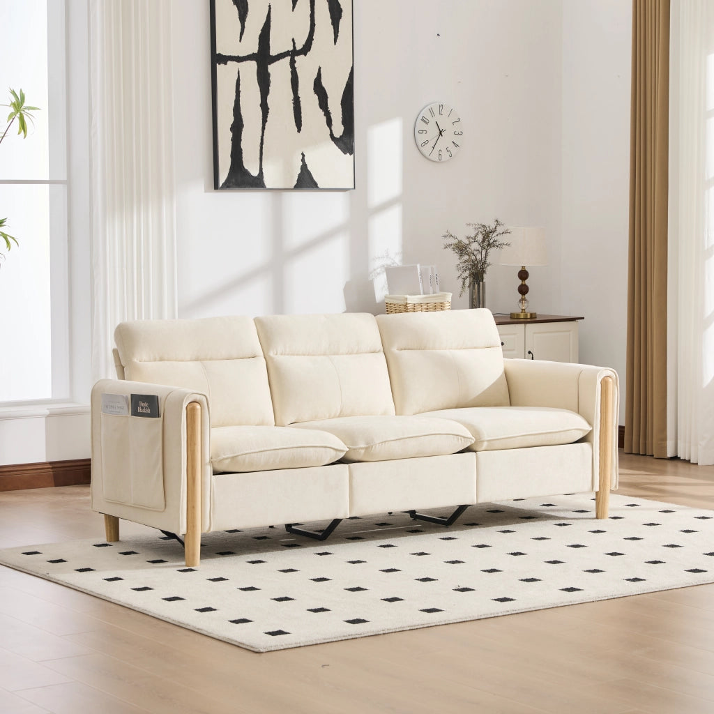 Divano ad angolo modulare in chenille con pouf contenitore e tasche laterali in legno beige per piccoli spazi