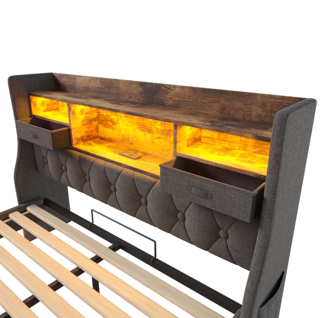 Letto matrimoniale 160x200 cm con LED, ricarica USB e testiera contenitiva