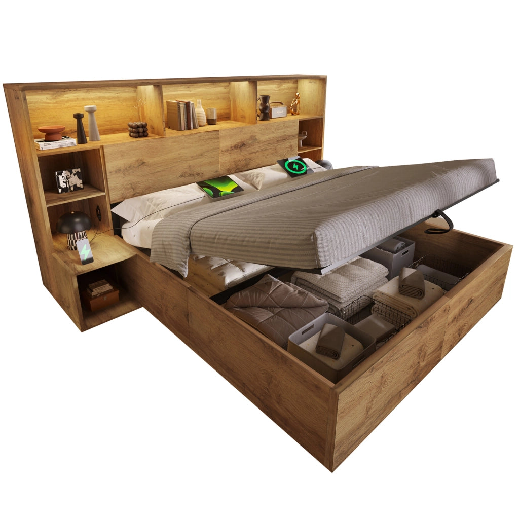 Letto contenitore 180x200 cm con LED, USB-C e comodini integrati in MDF e metallo, rovere