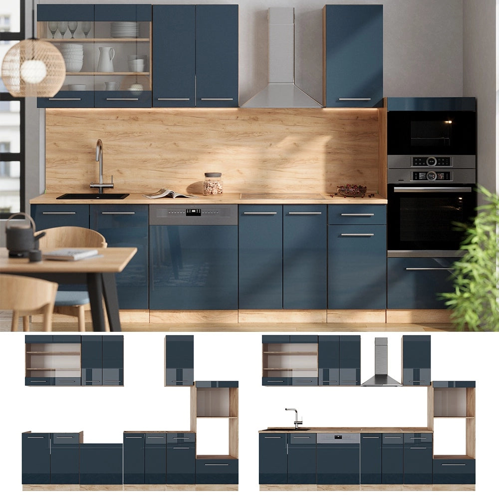 Cucina componibile Fame-Line Blu scuro lucido/Rovere dorato 300 cm con armadio alto, PL Antracite Vicco