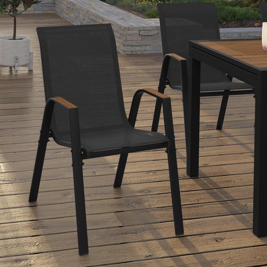 Set di 6 sedie da giardino impilabili NOUMEA in metallo e textilene, nero e legno