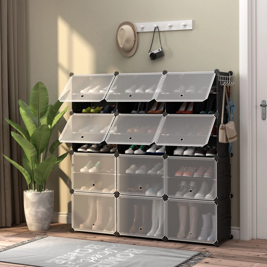 Scarpiera a 8 ripiani per 48 scarpe per ingresso per stivali e tacchi-Armadio 12 cubi in plastica con ganci laterali Nero
