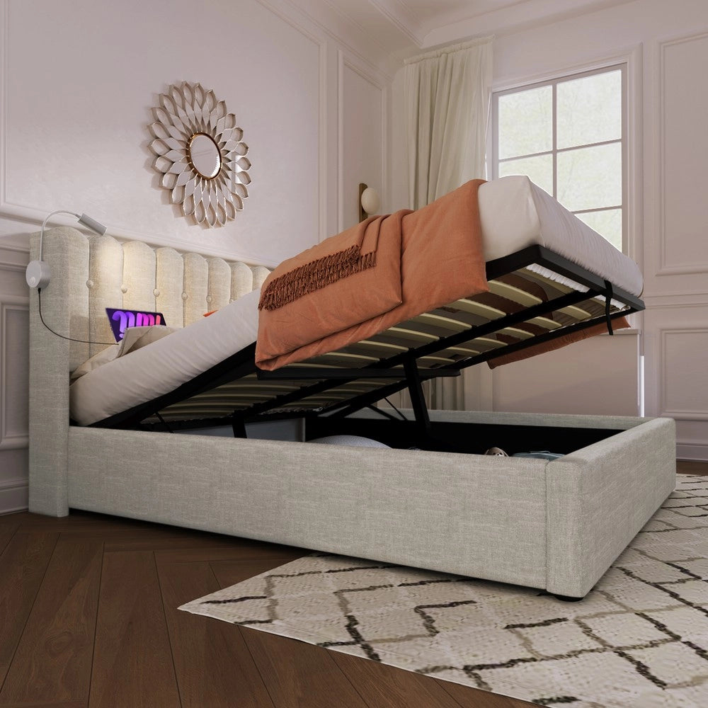 Letto Imbottito Contenitore con Luci LED e Ricarica ¨C MINIMAL ¨C Lino Naturale 140x200 con Materasso