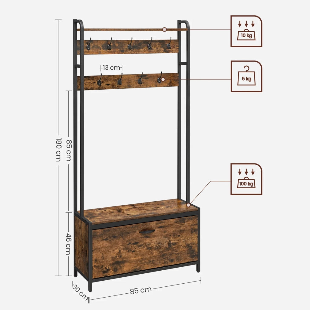 Mobile da ingresso con panca 9 ganci e ripiano 30 x 85 x 180 cm attaccapanni guardaroba per corridoio camera da letto stile industriale marrone rustico e nero 12_0006386