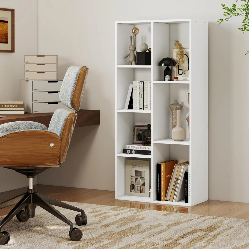 Libreria a 7 Cubi, Scaffale Espositivo con 2 Kit Antiribaltamento, Verticale o Orizzontale, Mobile per Camera da Letto Soggiorno Salotto, 49,5 x 23 x 106 cm (Bianco)