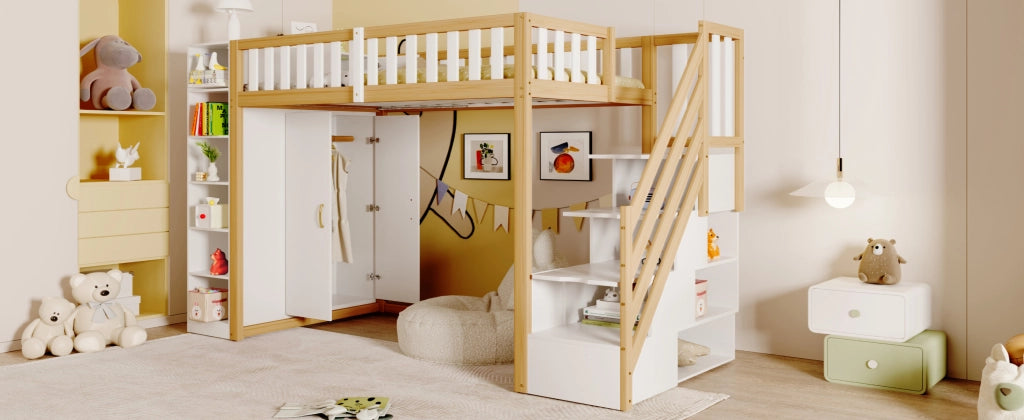 Letto a castello bianco e legno naturale con armadio scaffali e scala portante 90x200 cm