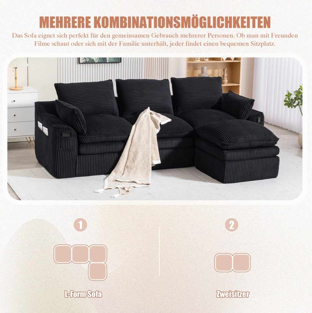 Divano modulare in velluto a coste nero con pouf e tasche laterali