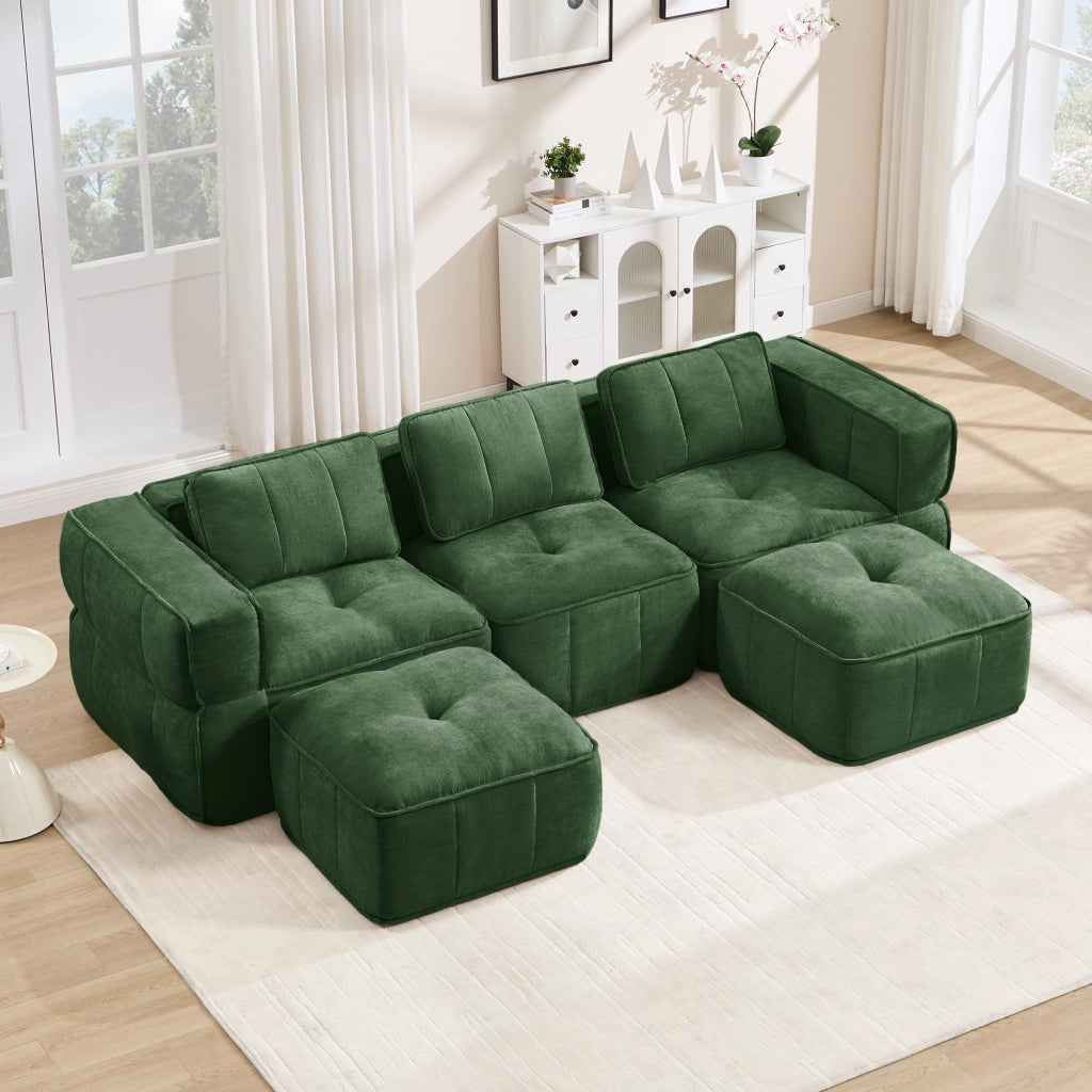 Divano modulare a U 3 posti con 2 pouf in poliestere verde; 271x162x67 cm