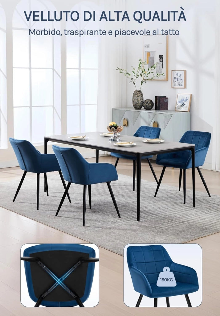 Set di 2 Sedie per Sala da Pranzo Imbottita, Poltroncina in Velluto,Sedia da Cucina con Braccioli e Schienale, Gambe in Metallo, moderne,Blu, BH93bl-2