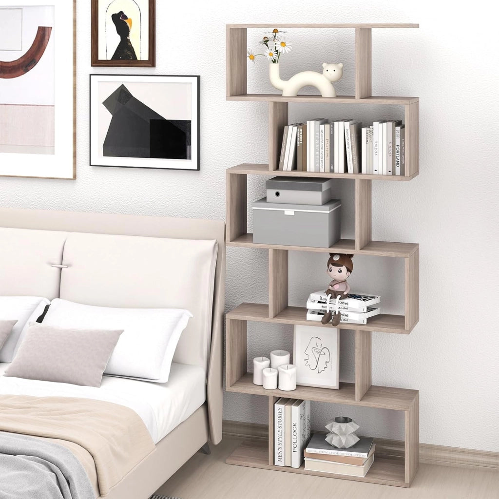 Scaffale a 6 Ripiani, Libreria a Forma di S, Libreria Scaffale da Terra in Legno, Divisorio per Soggiorno, Camera da Letto, Ufficio, 80 x 23 x 192 cm (Quercia)