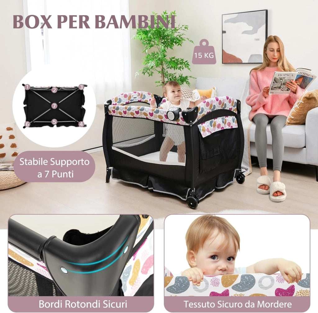 4 in 1 Lettino da Campeggio con Fasciatoio, Lettino Pieghevole per Bambini con Materasso, Centro Neonati con Culla, Box Musicale, Cappottina Regolabile, Borsa da Viaggio (Cuore)