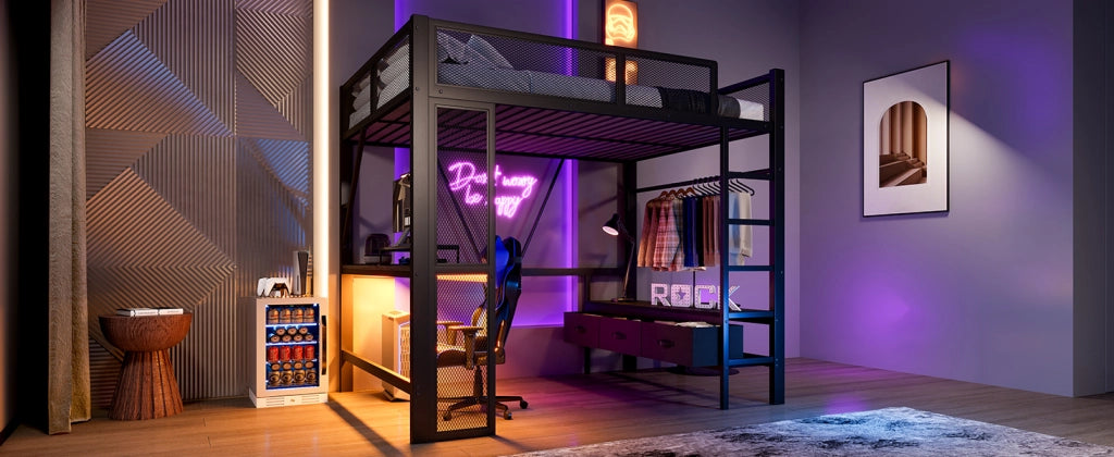 DESMIU Letto a soppalco matrimoniale con USB, LED, scrivania e 3 cassetti, 140 × 200 cm, senza materasso