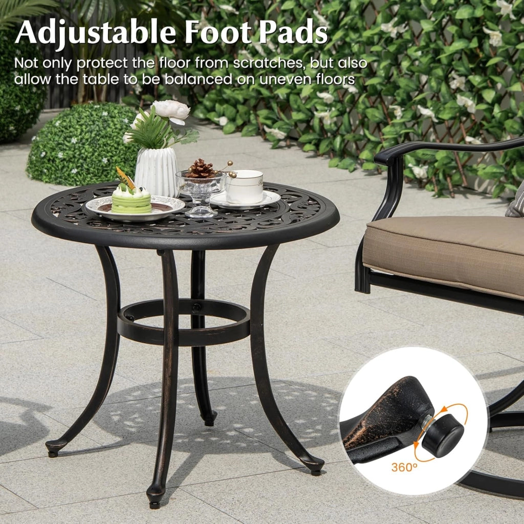 Tavolo da Giardino Rotondo in Alluminio Pressofuso, Resistente alle Intemperie, con Piedini Regolabili, 60x60x53 cm, Colore Bronzo