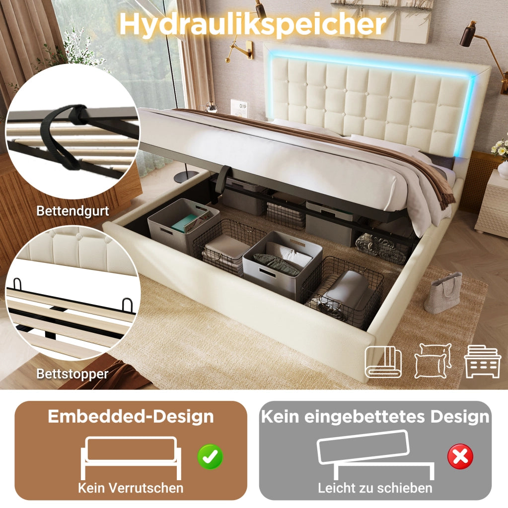Letto contenitore 140x200 cm bianco con LED e materasso