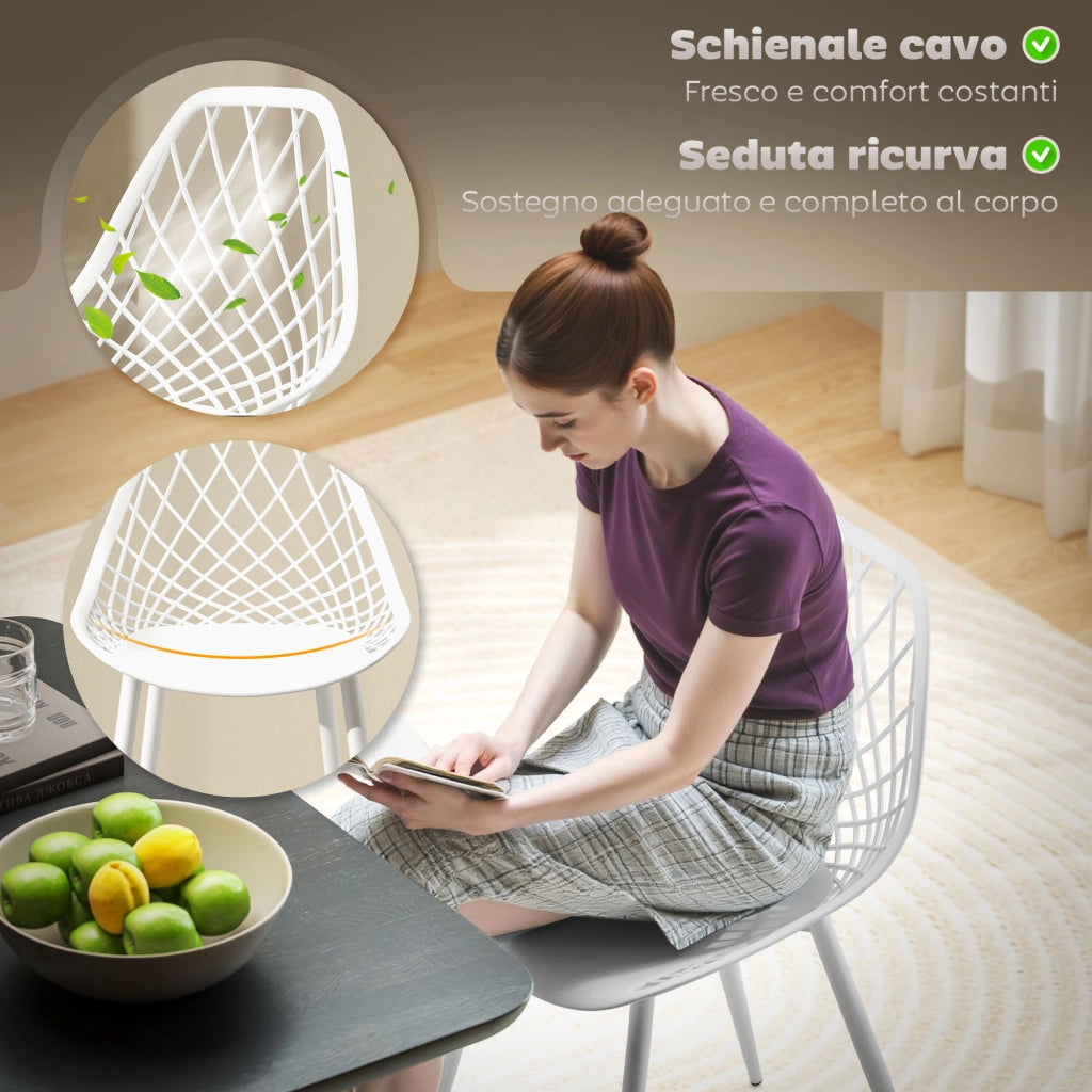 Set 4 Sedie da Pranzo Moderne con Schienale Traforato in Plastica e Gambe in Metallo, Bianco