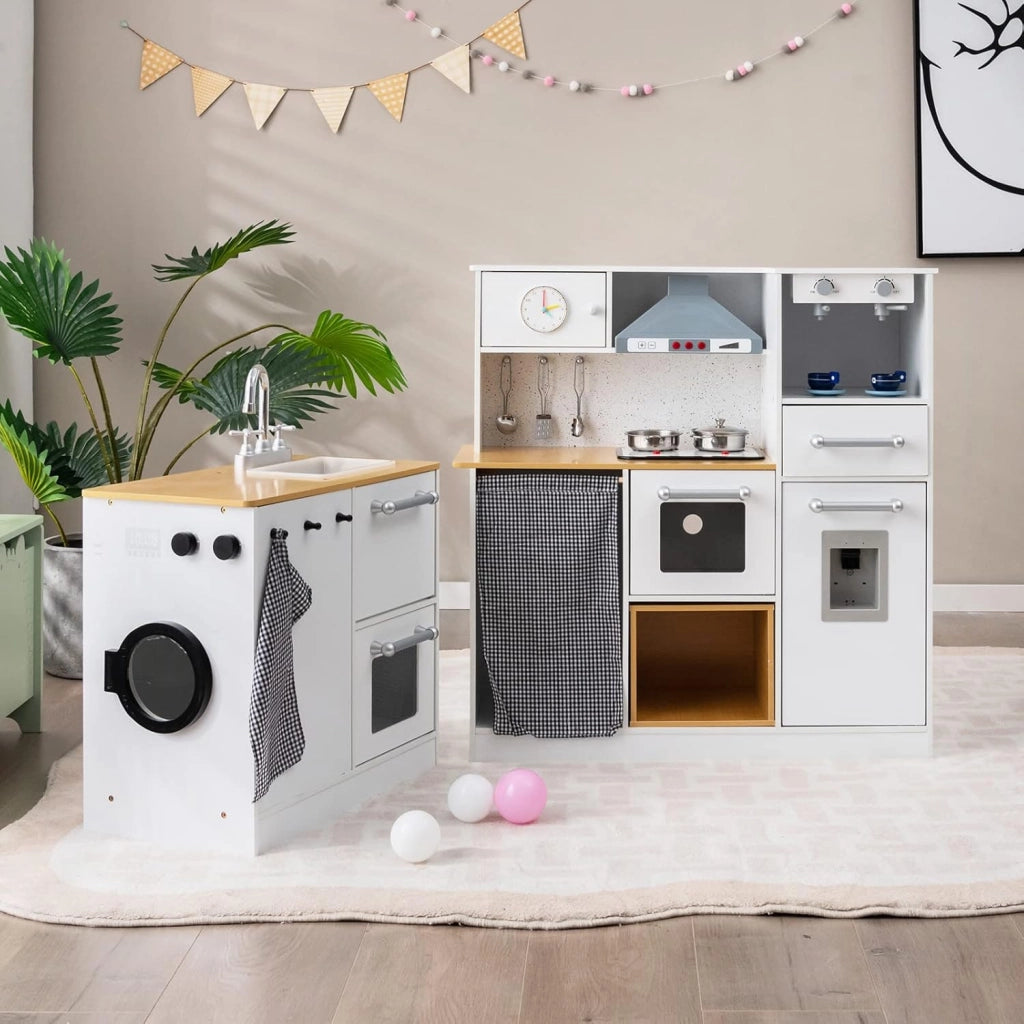 Cucina Giocattolo per Bambini, Cucina Legno per Bambini con Lavatrice, Macchina da Caffè, Forno, Microonde, Lavello e Rubinetto, Funzione Luci e Suoni, per Bambini 3+ Anni