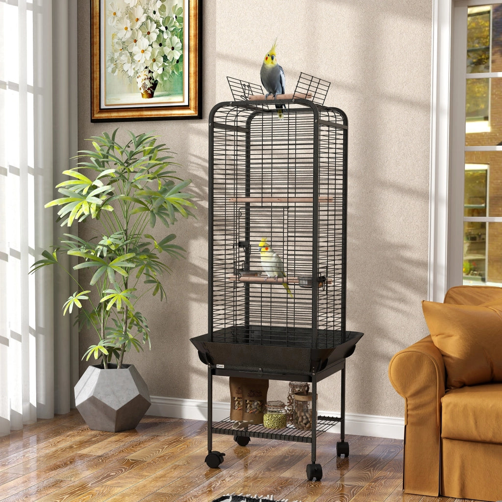 Gabbia per Uccelli con Ruote, Mangiatoie e Ripiano ¨C Zephmum ¨C Grigio Scuro 62.5x62.5x146 cm